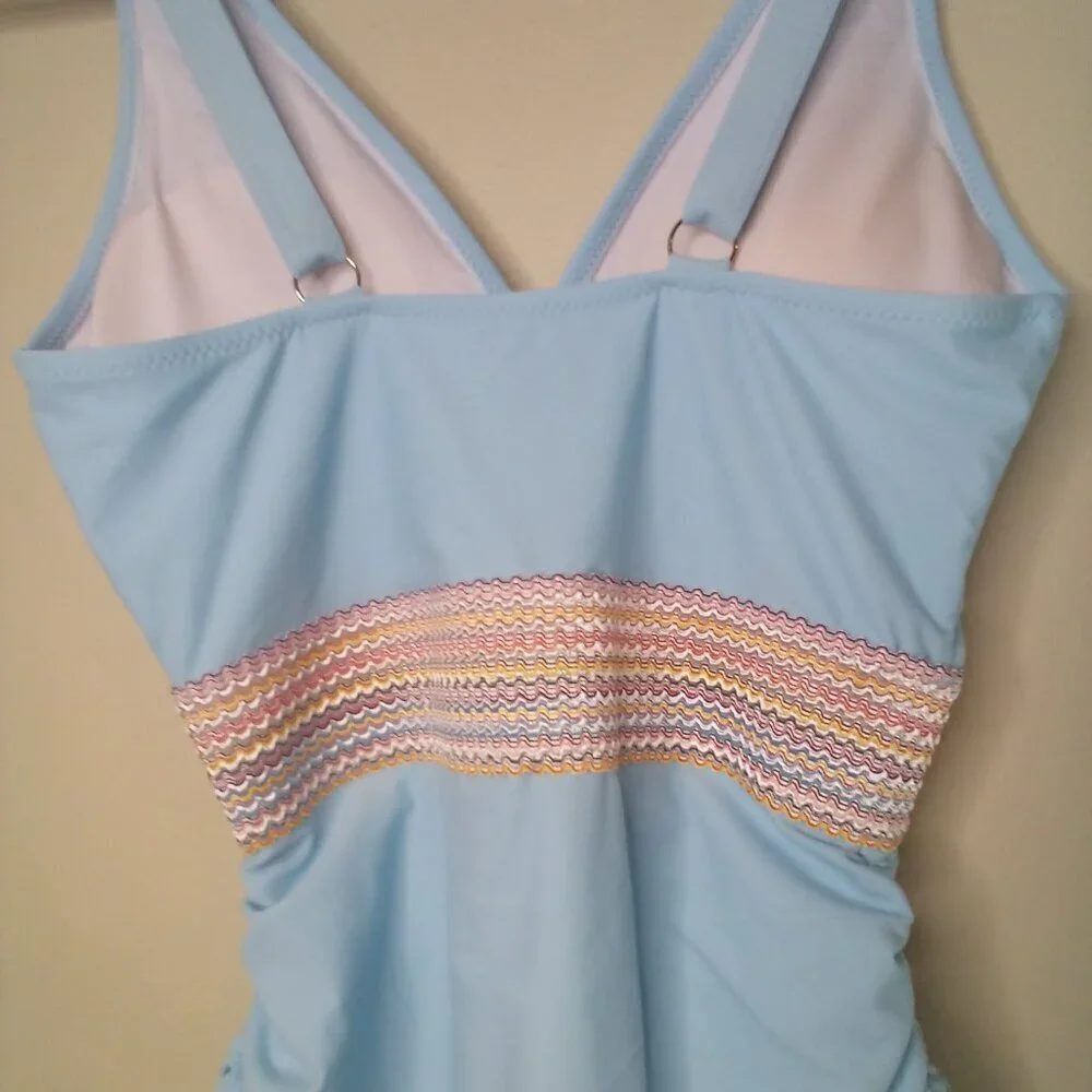 Swimsuit One Piece Women S Side Gathers Padded Cups Blue With Rainbow Accent